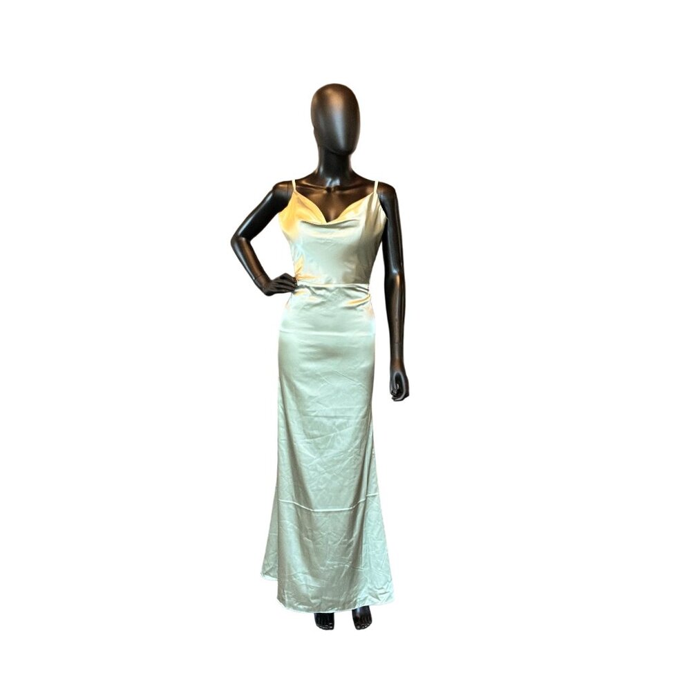 Sage Satin Drape Cowl Spaghetti Strap Formal Dress - NWT Hebeos